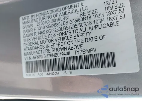 2022 Honda Odyssey Ex-L from USA, damaged, VIN 5FNRL6H76NB049408